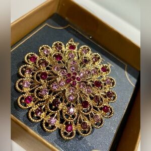 Monet Pink, Magenta, & Gold Rhinestone Flower Brooch.